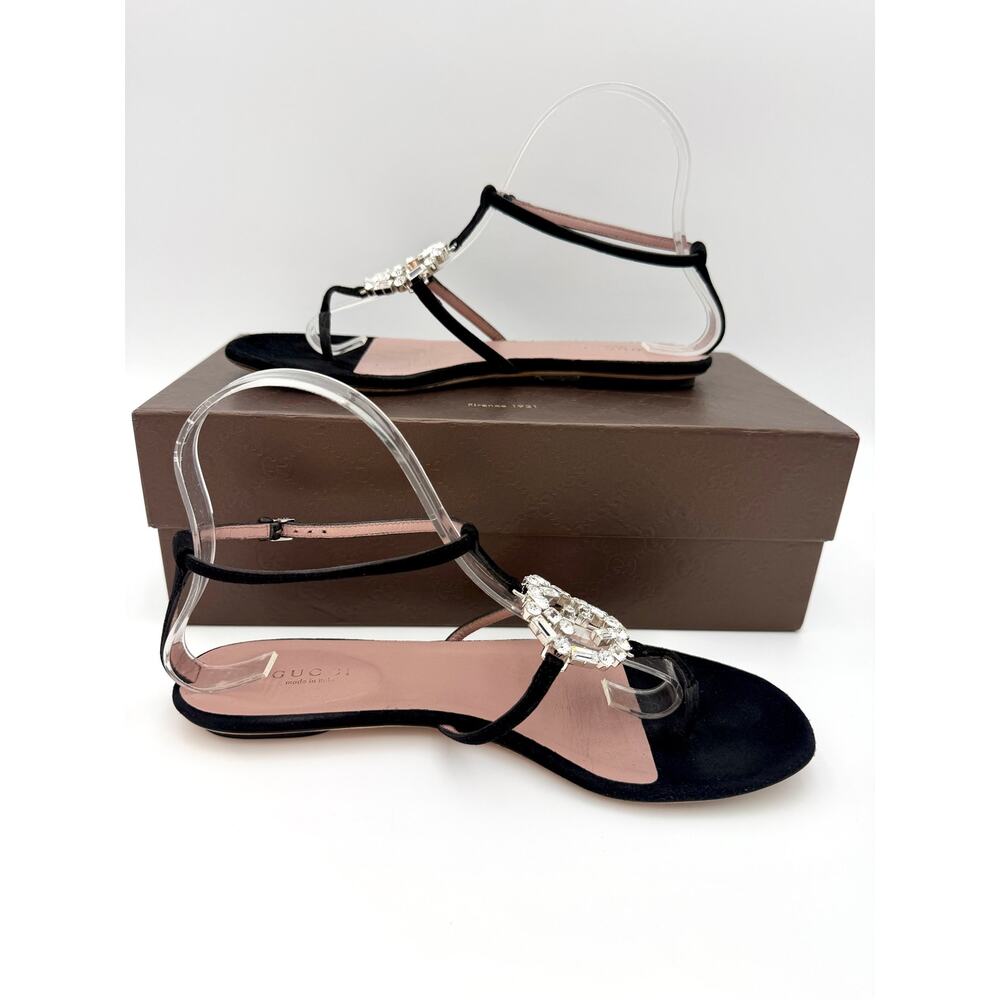Gucci Black Suede Crystal GG Thong Sandals Size 37.5 / 7 Flat T-strap Gladiator - Picture 15 of 15